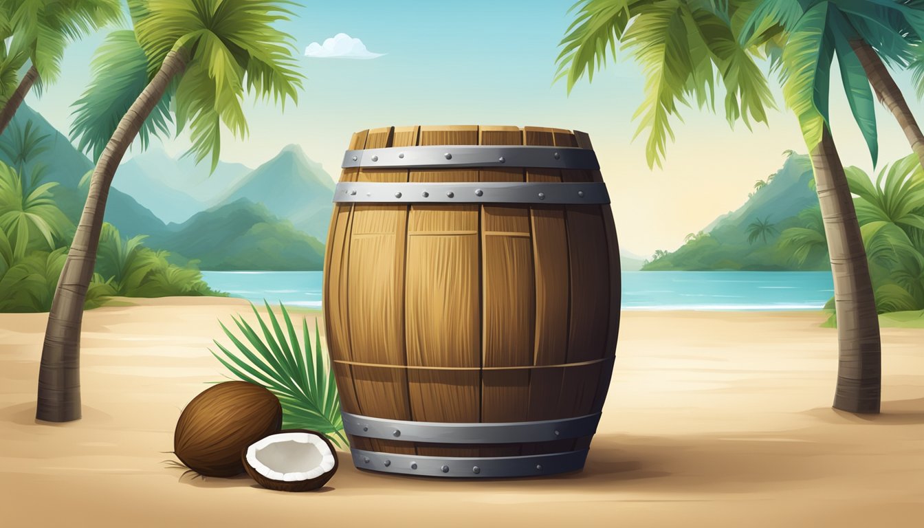 A traditional wooden barrel filled with fermenting arrack surrounded by coconut trees and a tropical landscape