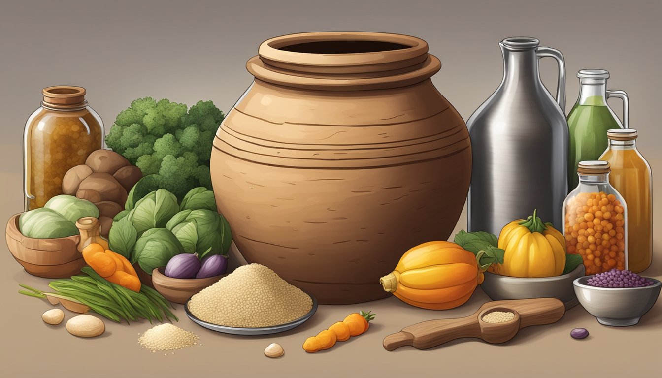 A large clay jar filled with fermenting bouza, surrounded by various ingredients and tools for customization