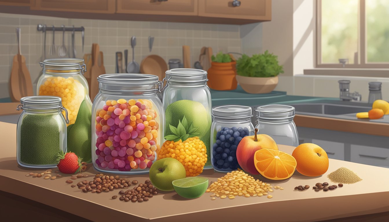 A glass jar filled with bubbling bouza sits on a kitchen counter, surrounded by jars of various grains and a bowl of fresh fruit