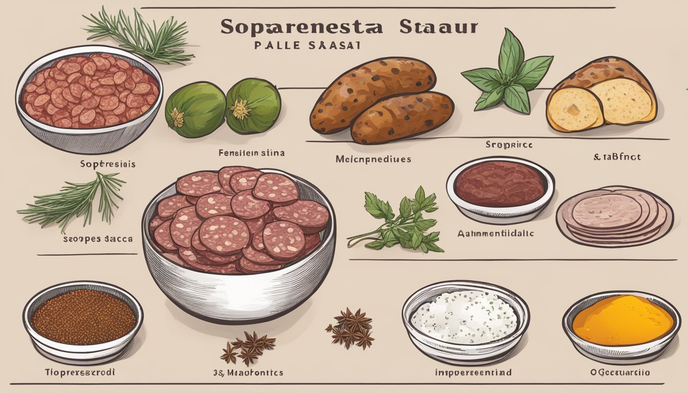 A table with various ingredients and spices, a bowl of fermenting soppressata, and a chart showing flavor pairings