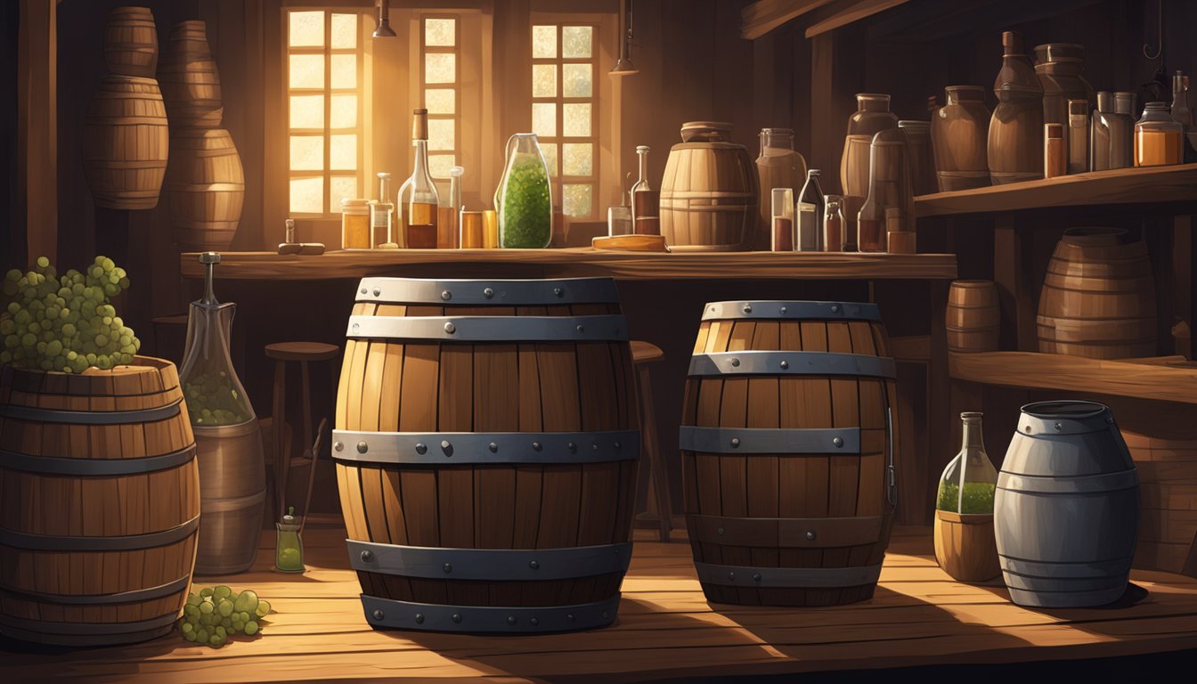 A wooden barrel sits in a dimly lit room, filled with bubbling bouza. Nearby, a table holds various fermentation tools and ingredients