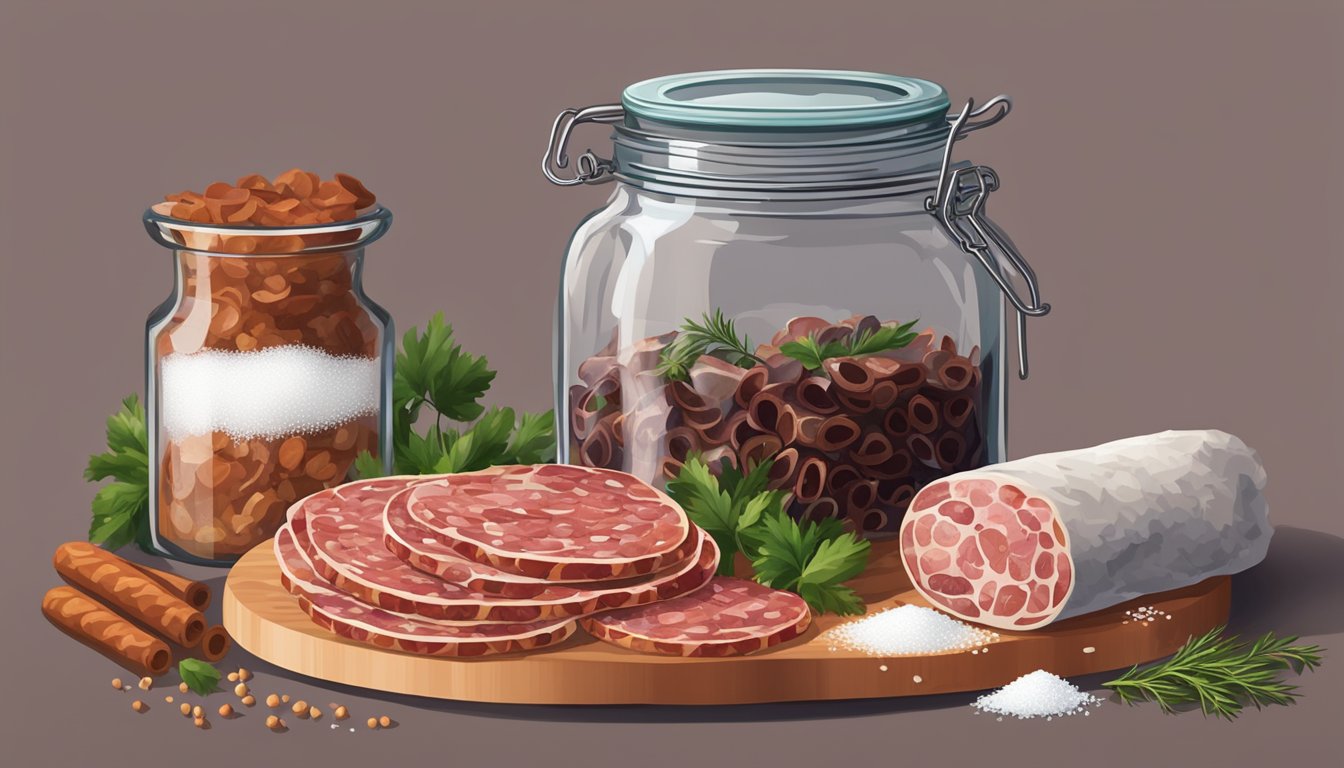 A glass jar filled with chopped soppressata, surrounded by various ingredients like salt, sugar, and spices. A small bowl of water and a cloth covering the jar