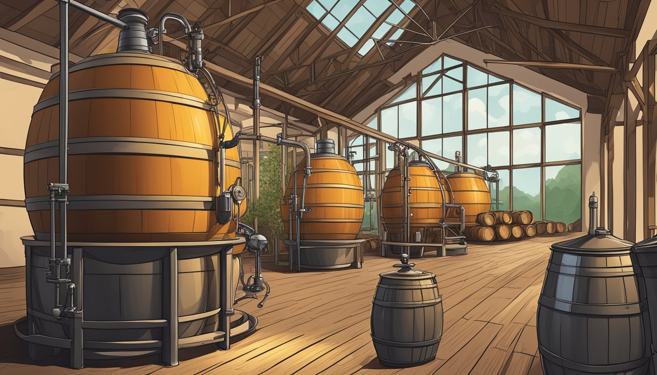 A traditional pot still distilling arrack, with barrels aging in the background