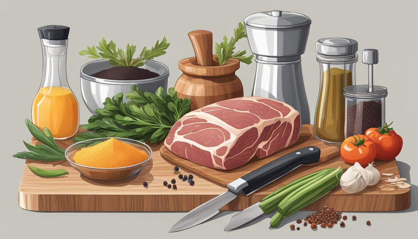 A clean, well-organized kitchen with a cutting board, knife, meat grinder, and fermenting vessel. Ingredients like salt, pepper, and spices are neatly arranged