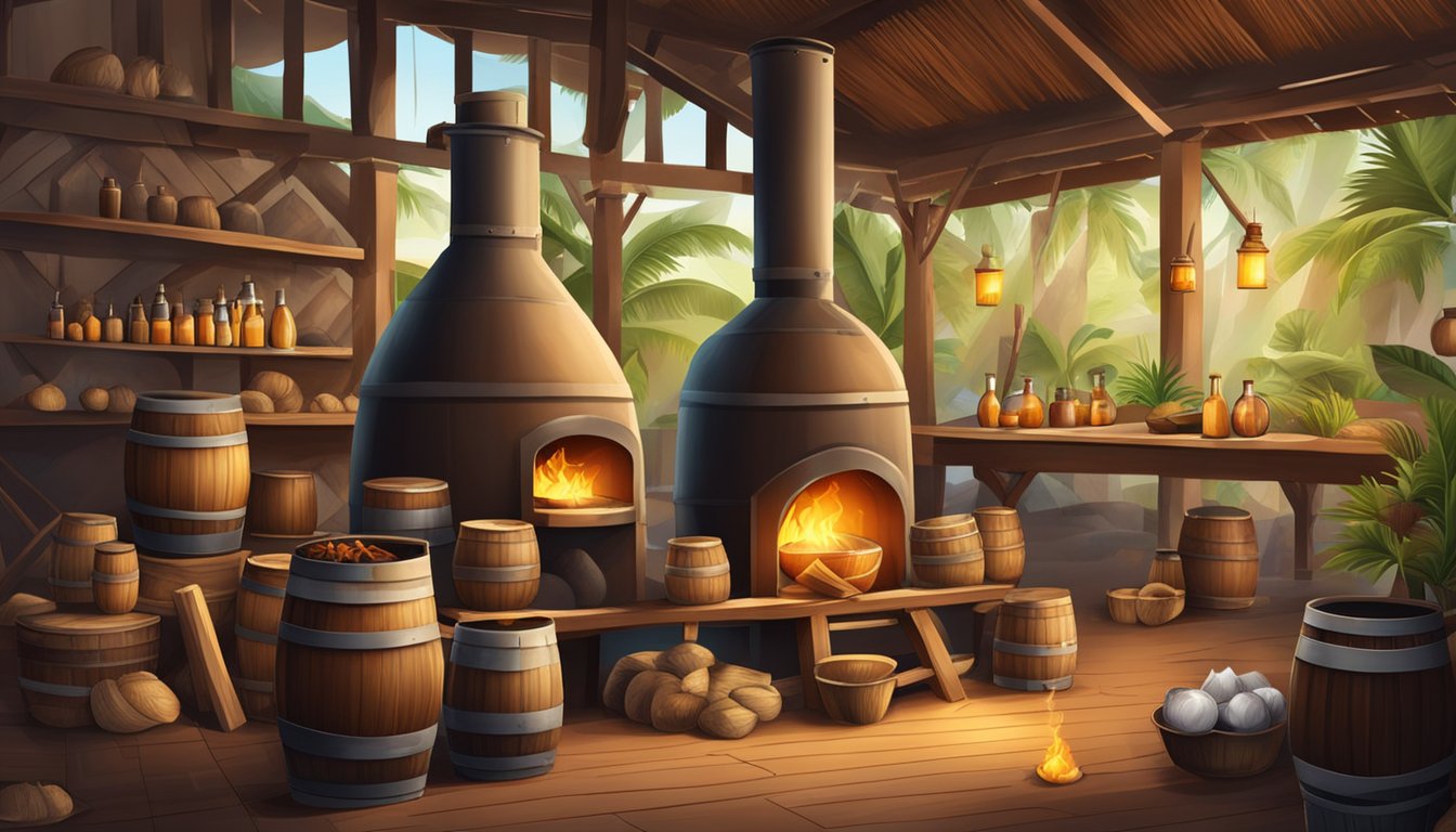 A traditional distillery with large wooden barrels and coconut husk fires. A variety of ingredients and tools are scattered around the workspace