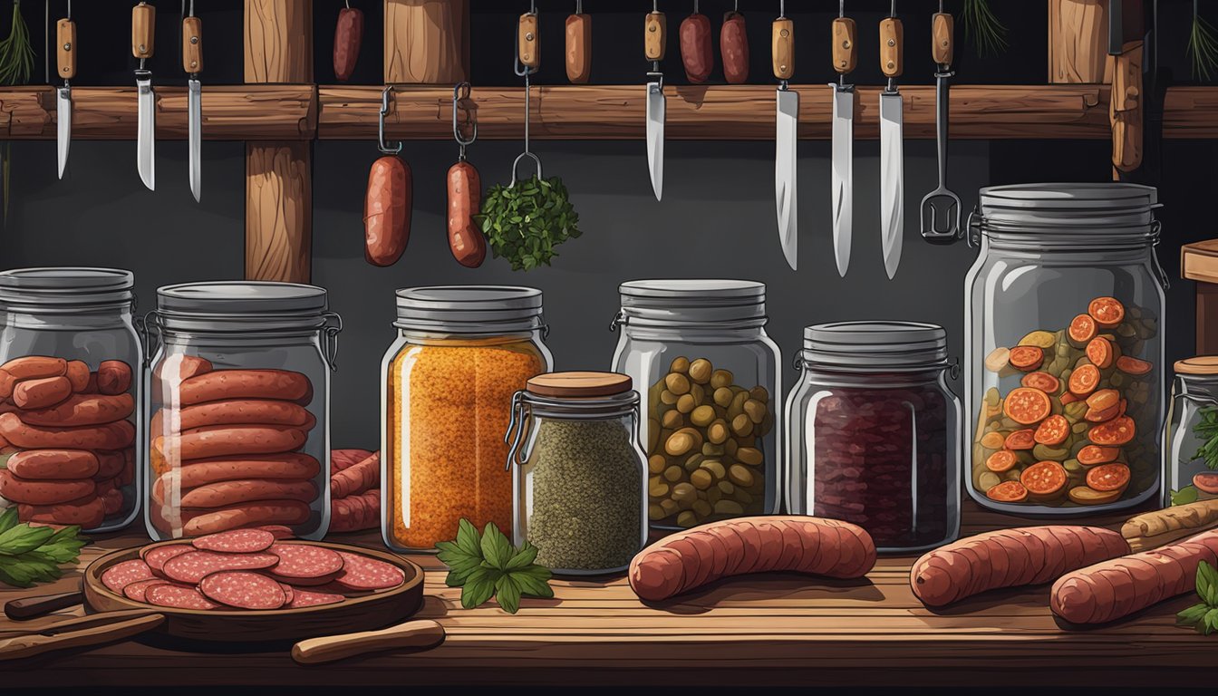 A dark cellar with hanging soppressata sausages, surrounded by jars of fermenting ingredients and a wooden worktable with knives and spices