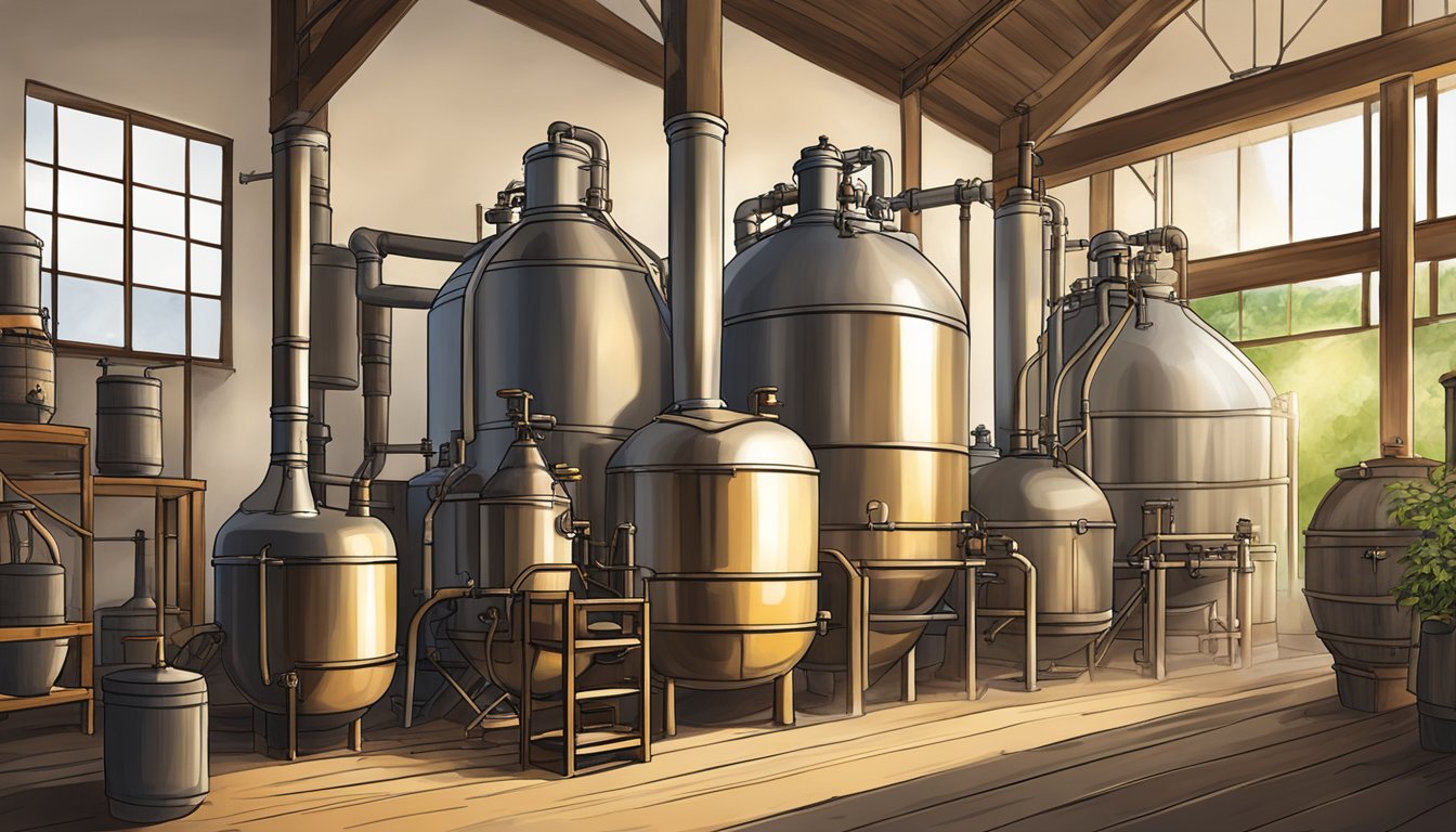 A traditional awamori distillation process in a rustic distillery setting, with large fermentation vessels and traditional equipment