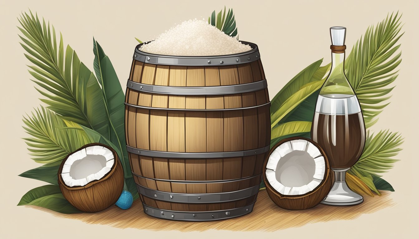 A wooden barrel filled with fermenting arrack, surrounded by coconut husks and sugar cane, with a distillation apparatus nearby