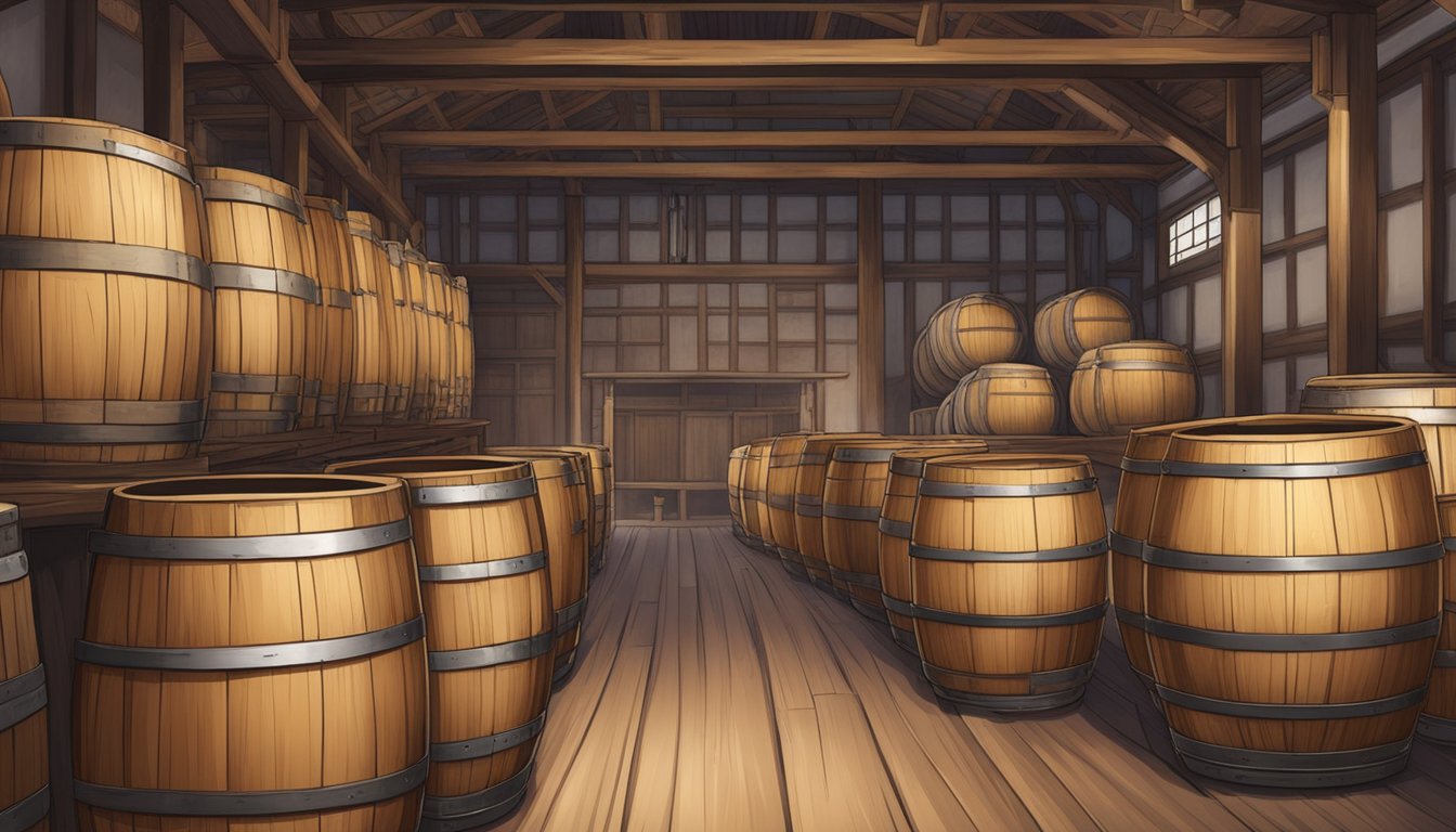 Aging and matured awamori (Kusu) barrels lined up in a traditional distillery, surrounded by wooden casks and tools for fermentation