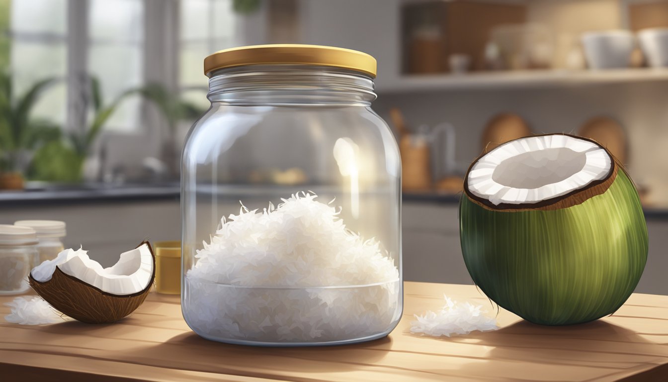 A glass jar filled with coconut flower sap, covered with a cloth, sitting on a kitchen counter