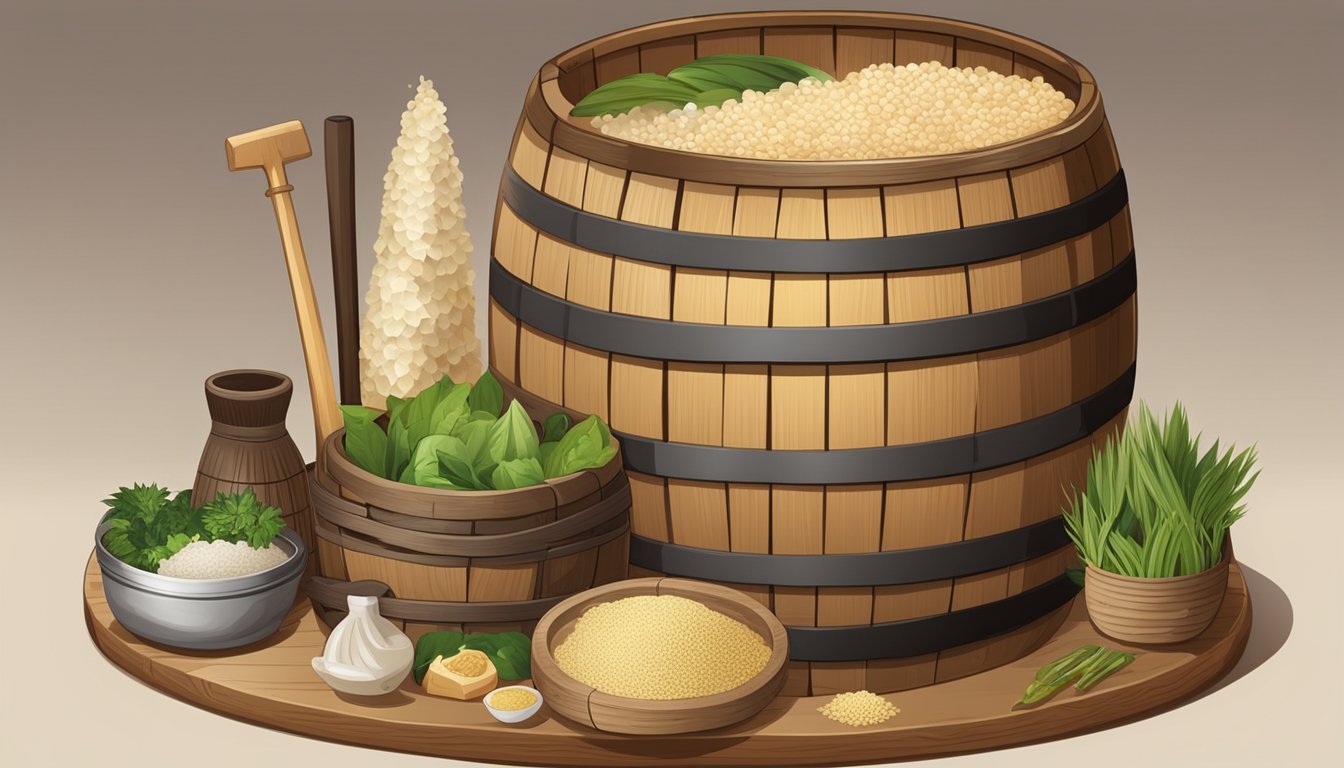 A wooden barrel filled with raw materials and ingredients for fermenting awamori, surrounded by traditional tools and equipment