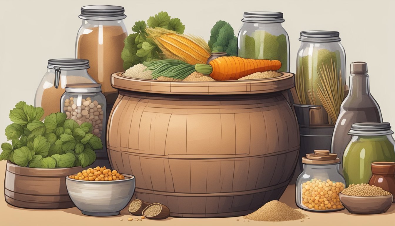 A large clay pot filled with fermenting basi, surrounded by jars of various ingredients and tools for the fermentation process