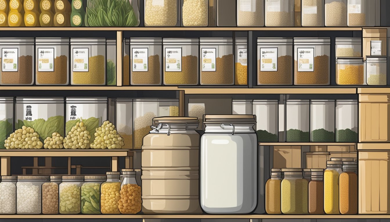 Several large containers of awamori fermenting in a storage room. The containers are labeled and arranged neatly on shelves