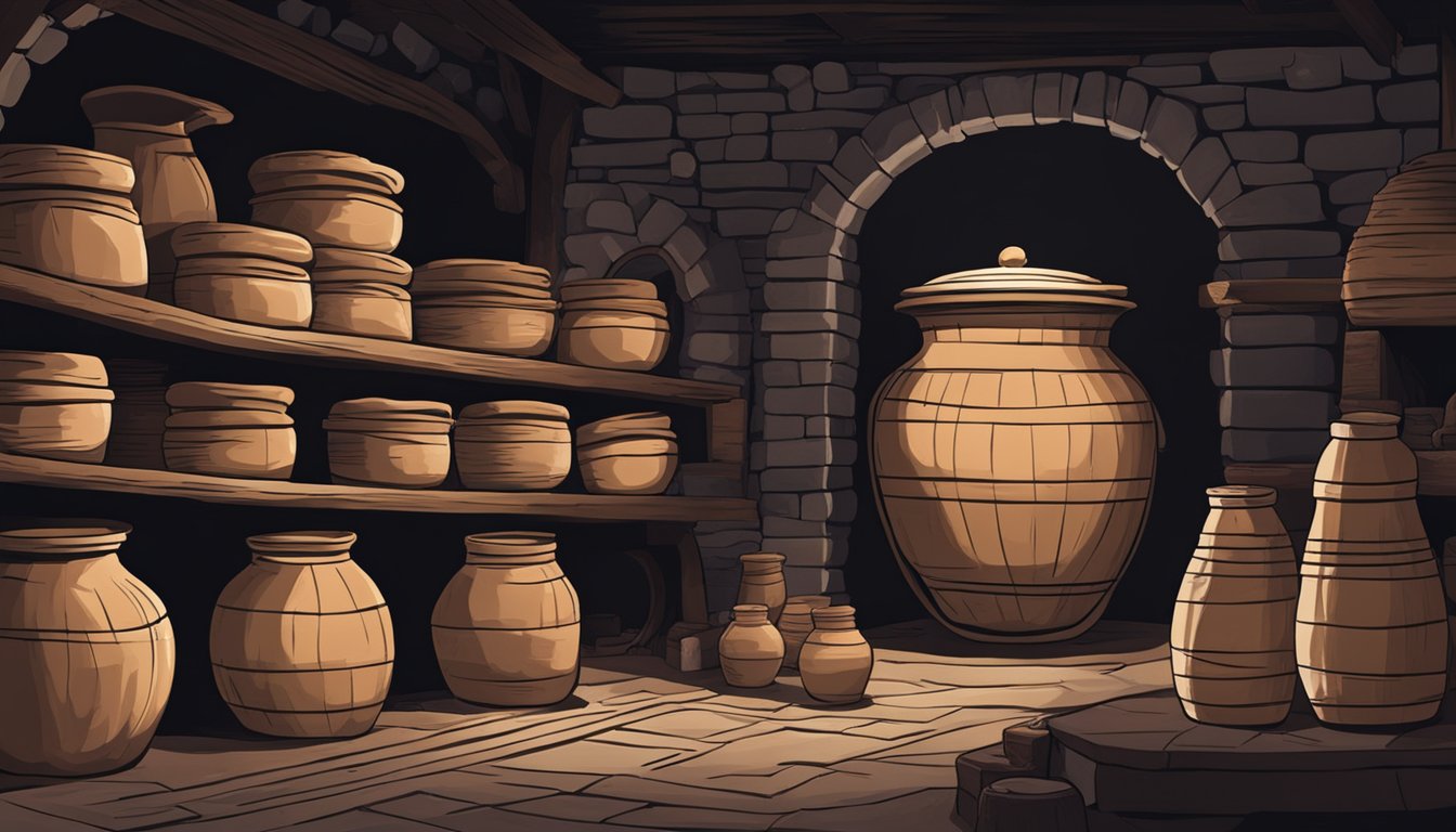 A clay pot filled with basi, covered with a cloth, sits in a dark, cool cellar. Nearby, shelves hold jars of fermenting ingredients