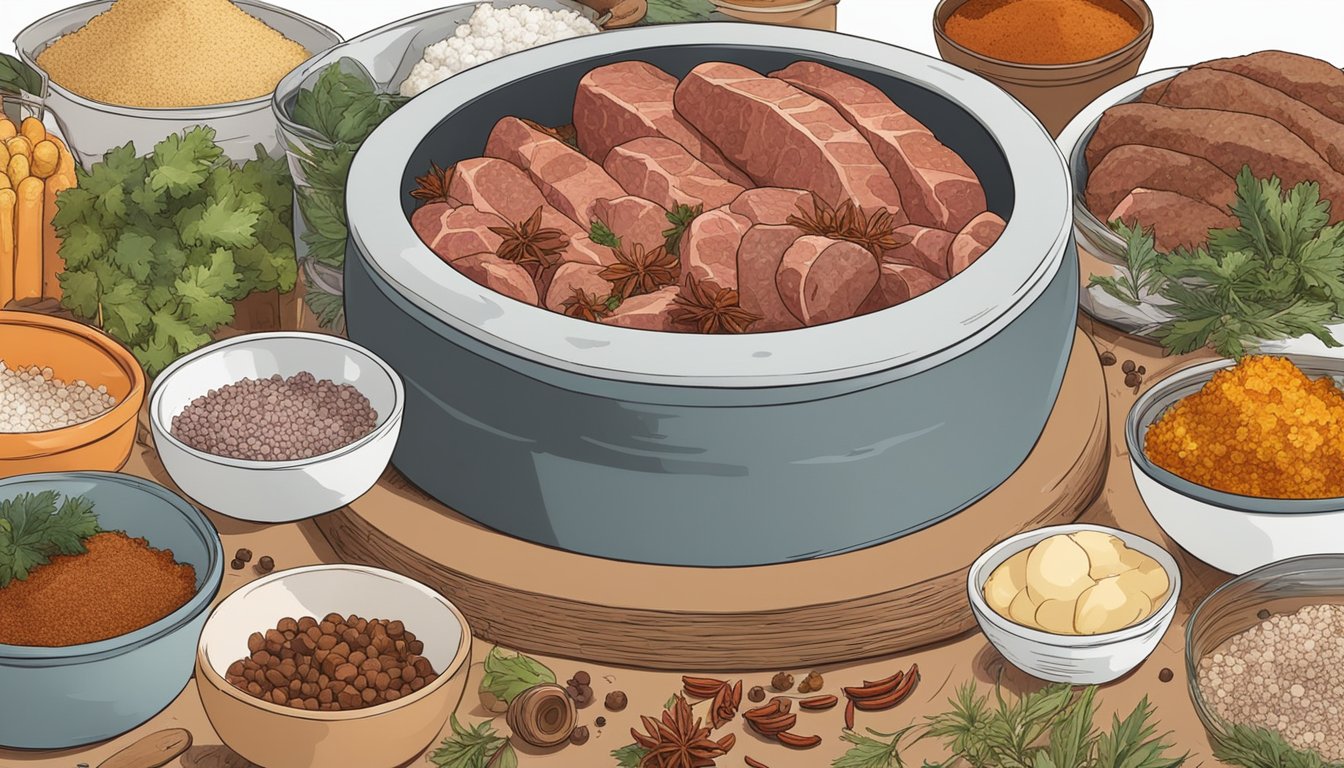 Meat being mixed with spices in a large bowl, surrounded by various ingredients and utensils for fermenting chorizo