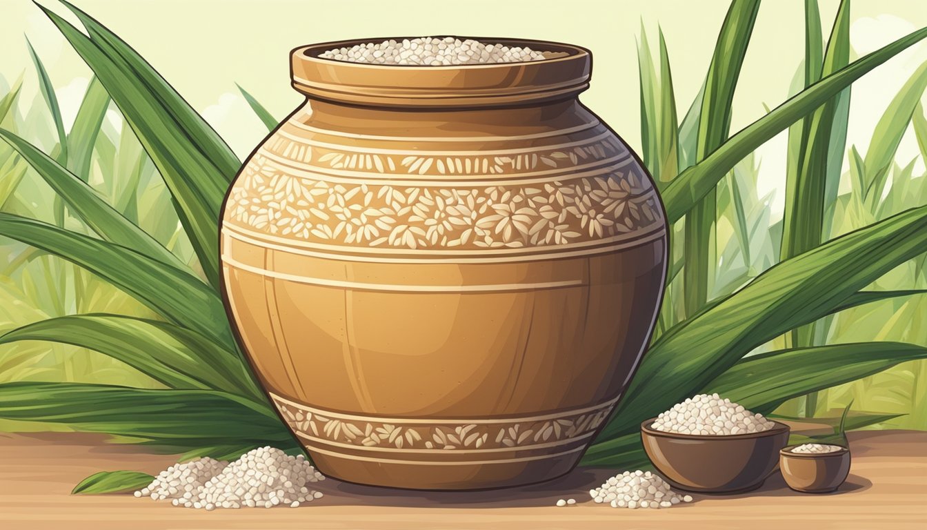 A large clay jar filled with fermenting basi surrounded by sugarcane and rice grains. A bubbling liquid with a sweet aroma emanates from the jar