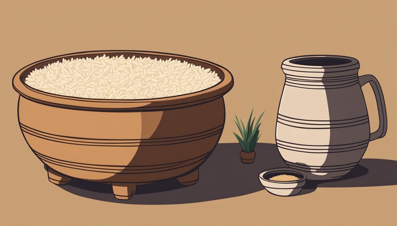 A clay pot filled with rice and water sits in a warm, dimly lit room. A sweet, earthy smell emanates from the pot, indicating the fermentation process of basi