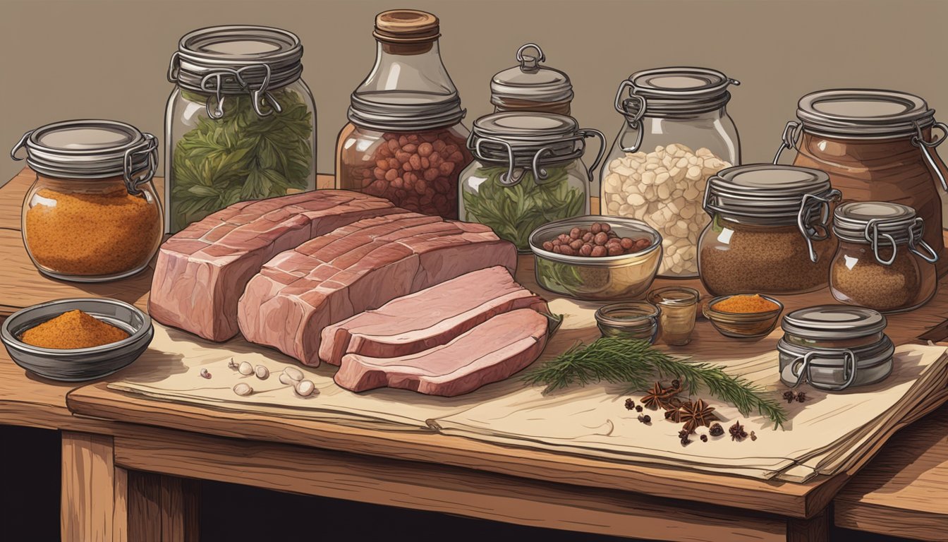 A butcher's table with various cuts of pork, surrounded by jars of brine and spices, with a book open to a page on fermenting techniques