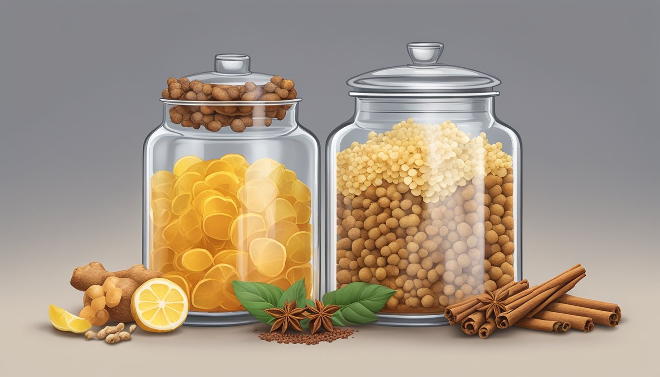 A glass jar filled with fermenting basi surrounded by various ingredients like ginger, cinnamon, and cloves. A small bubbling airlock sits on top of the jar