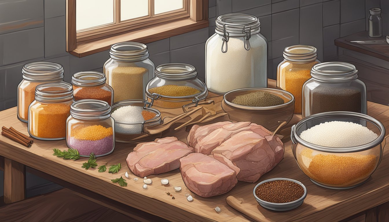 A table with pork, salt, sugar, and spices, surrounded by jars and fermentation equipment