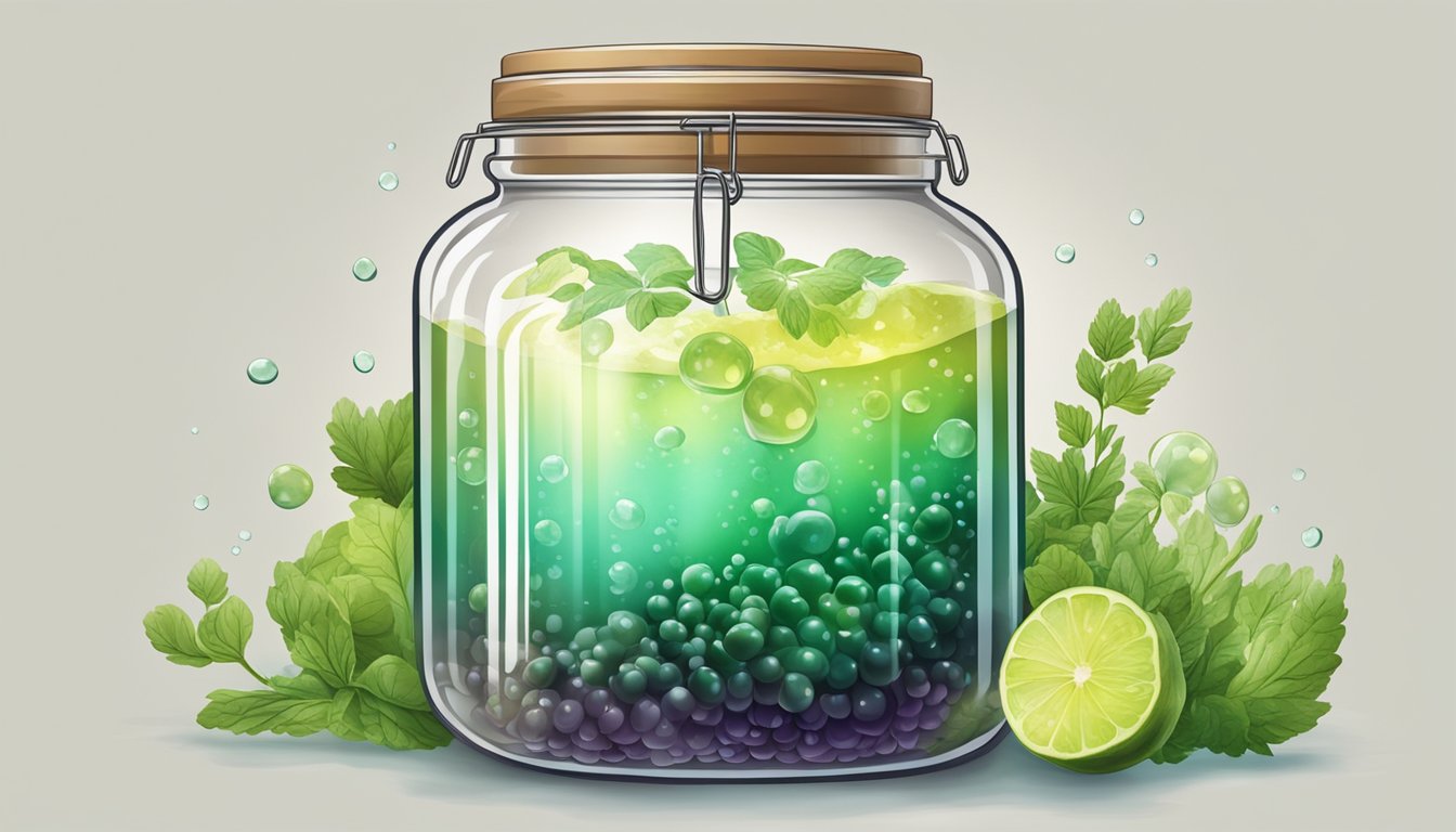 A glass jar filled with fermenting basi, surrounded by bubbling liquid and emitting a tangy aroma