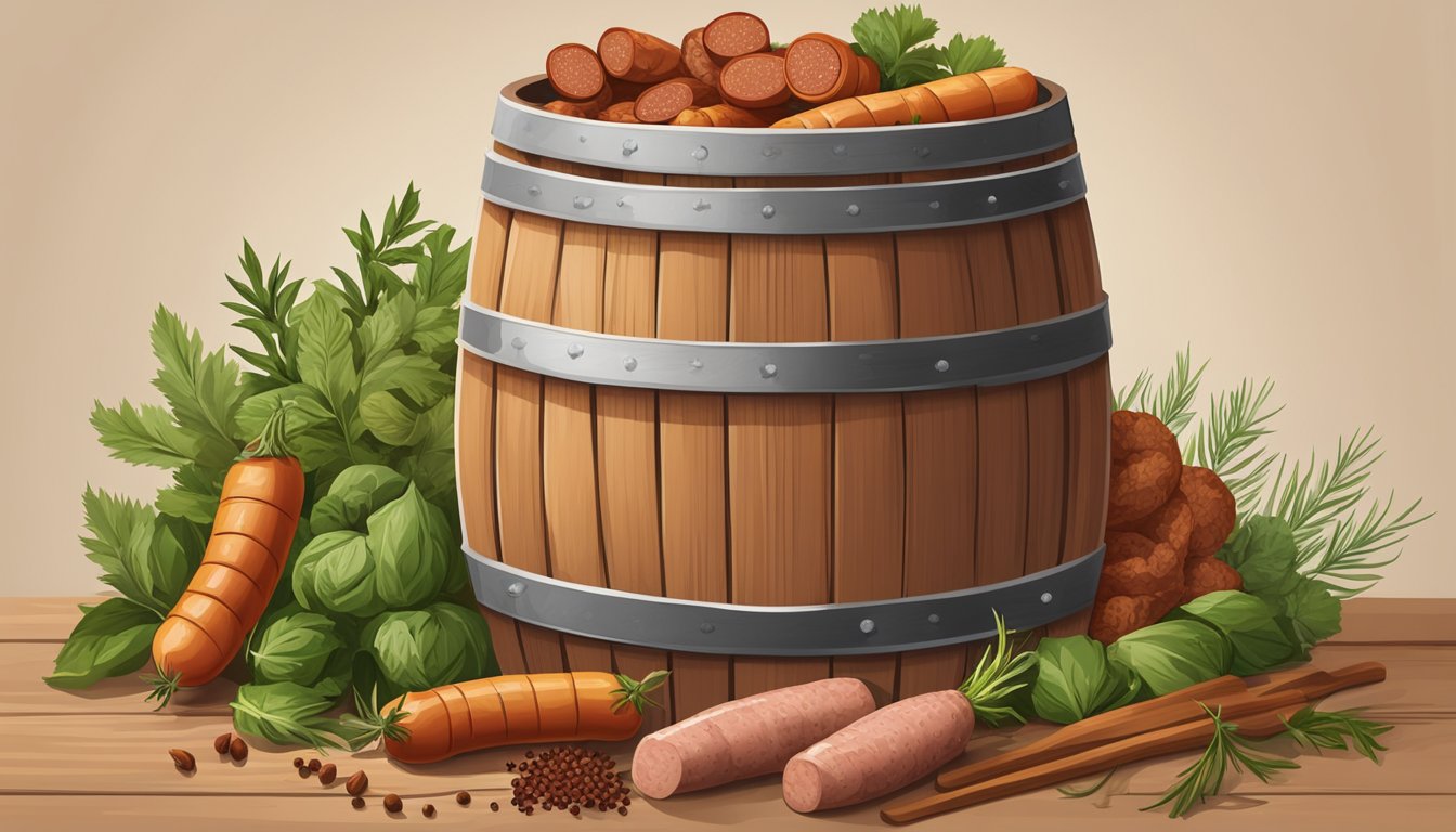 A wooden barrel filled with chorizo sausages, surrounded by hanging herbs and spices, with a small thermometer inserted into the meat