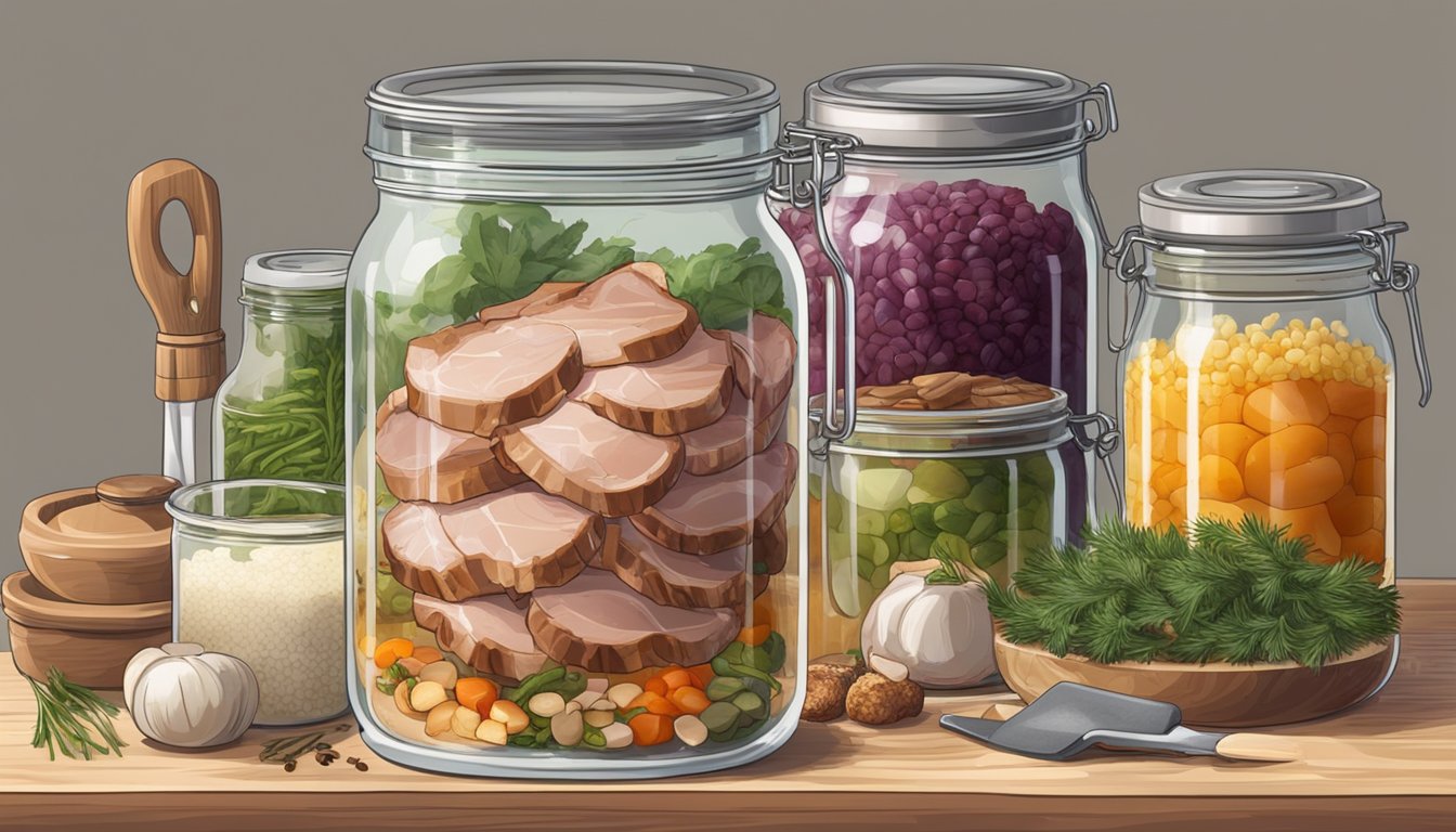 A glass jar filled with brined pork, surrounded by various fermentation tools and ingredients on a kitchen counter