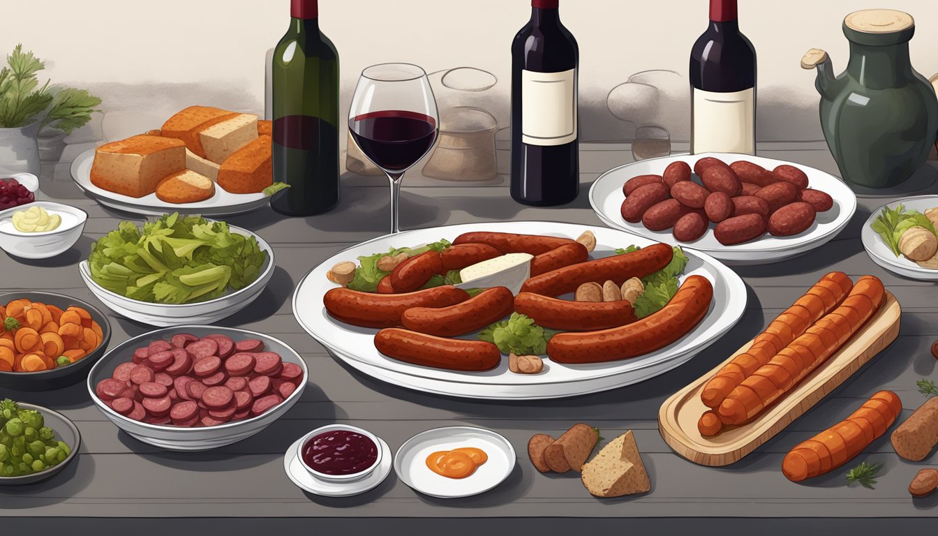 A table set with a variety of chorizo sausages, accompanied by small dishes of fermented vegetables and a bottle of red wine