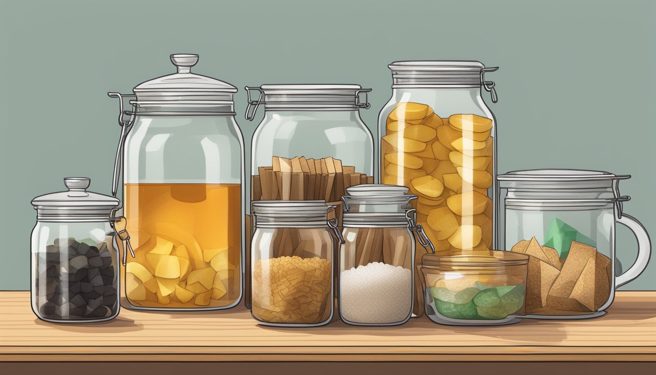 A kitchen counter with jars, tea bags, sugar, and a scoby, surrounded by measuring cups, a thermometer, and a large pot