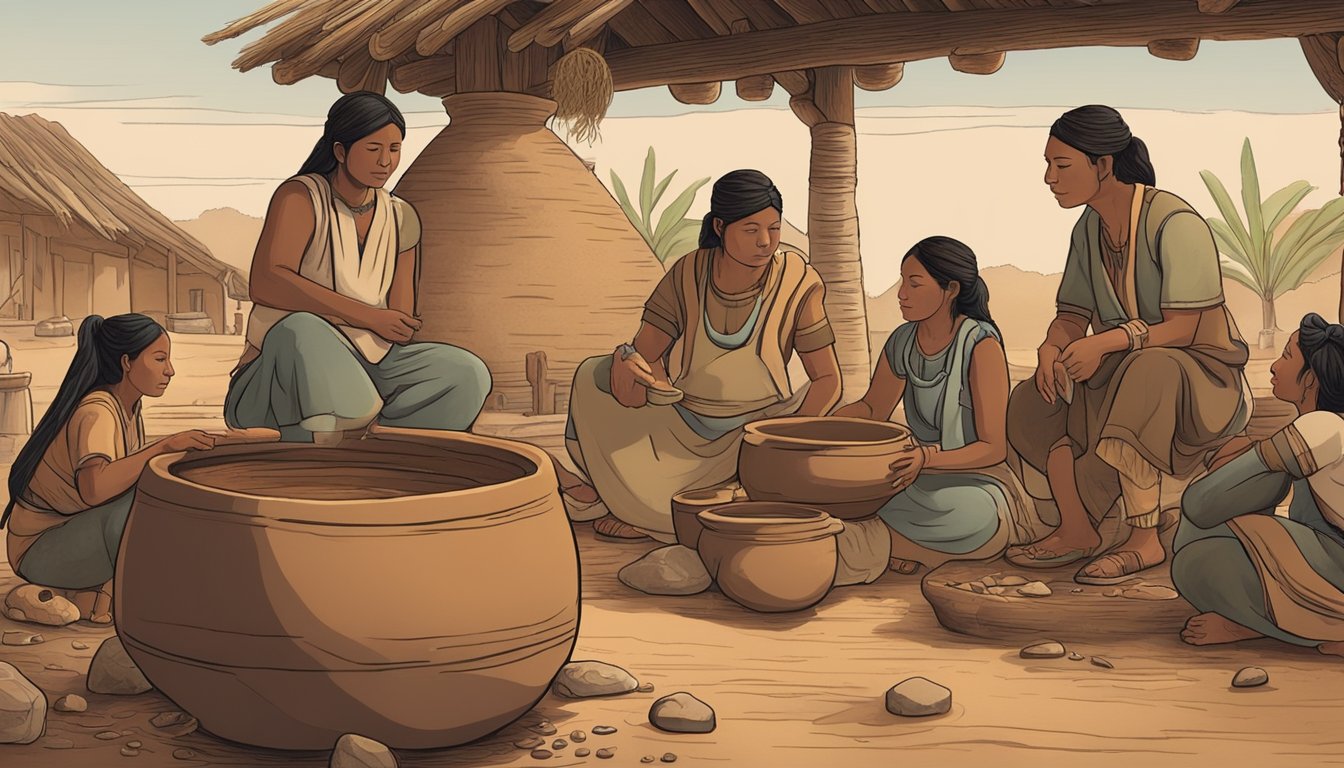 A group of indigenous people gather around a large clay pot, brewing tesguino using traditional fermentation methods. The scene is set in a rustic, historical setting, with cultural significance evident in the process