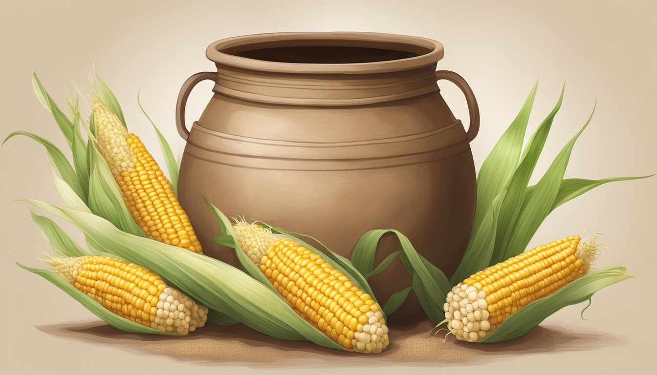 A large clay pot with corn and water inside, covered with a cloth and left to ferment