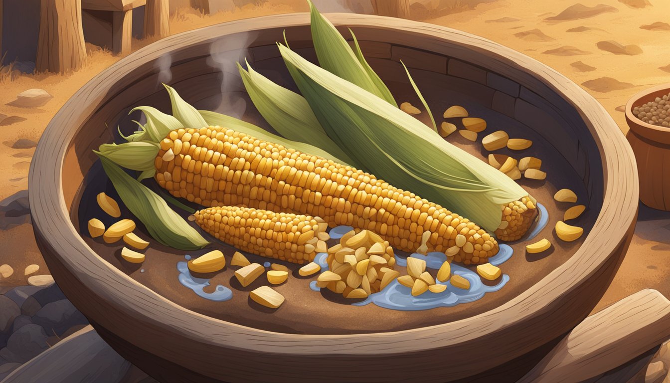 A wooden bowl filled with corn, water, and wild yeast, surrounded by clay pots and a fire pit