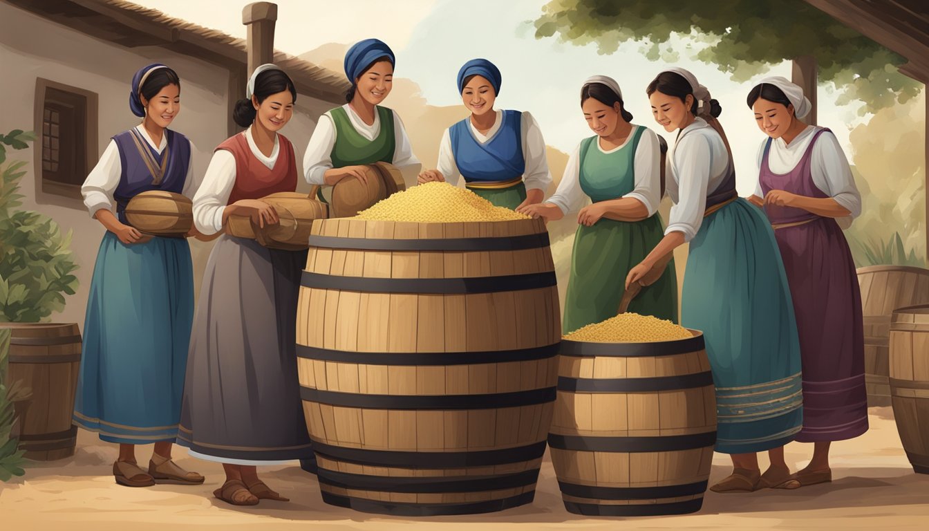 A group of women in traditional dress gather around a large wooden barrel, stirring and fermenting a batch of traditional Tesguino