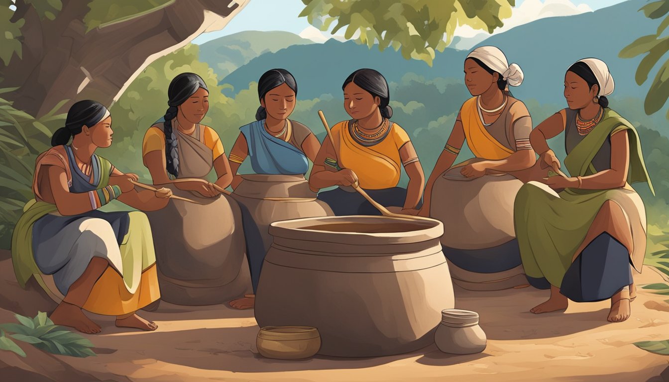 A group of indigenous women gather around a large clay pot, fermenting tesguino in a traditional outdoor setting. They use wooden tools to stir the mixture