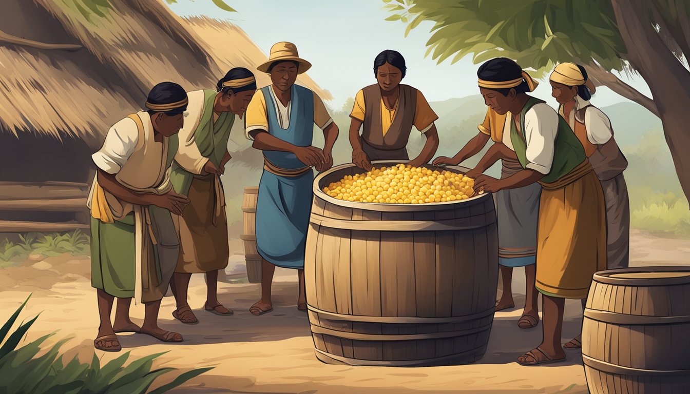 A group of indigenous people gather around a large wooden barrel, mixing maize and water to ferment tesguino, a traditional alcoholic beverage, in a rustic outdoor setting