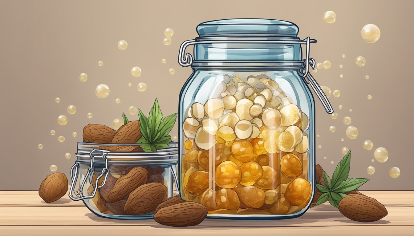 A glass jar filled with fermenting araq, surrounded by various ingredients like dates, anise, and sugar, with bubbles rising to the surface