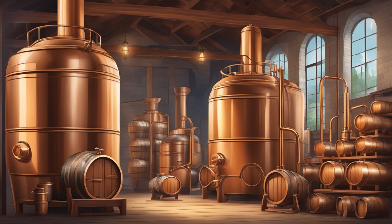 A traditional distillery with large copper stills, wooden barrels, and aromatic herbs and spices for flavoring arak