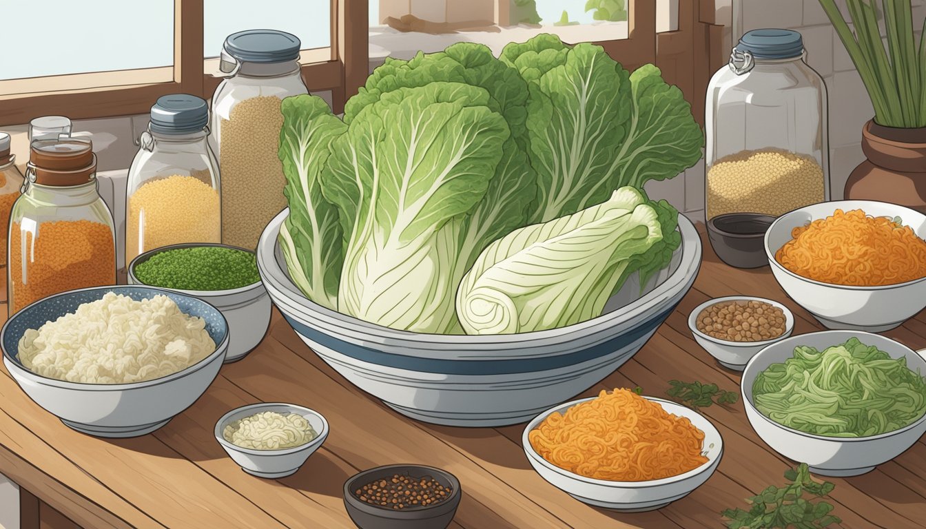 Napa cabbage being massaged with salt in a large bowl, surrounded by jars of spices and ingredients for traditional kimchi