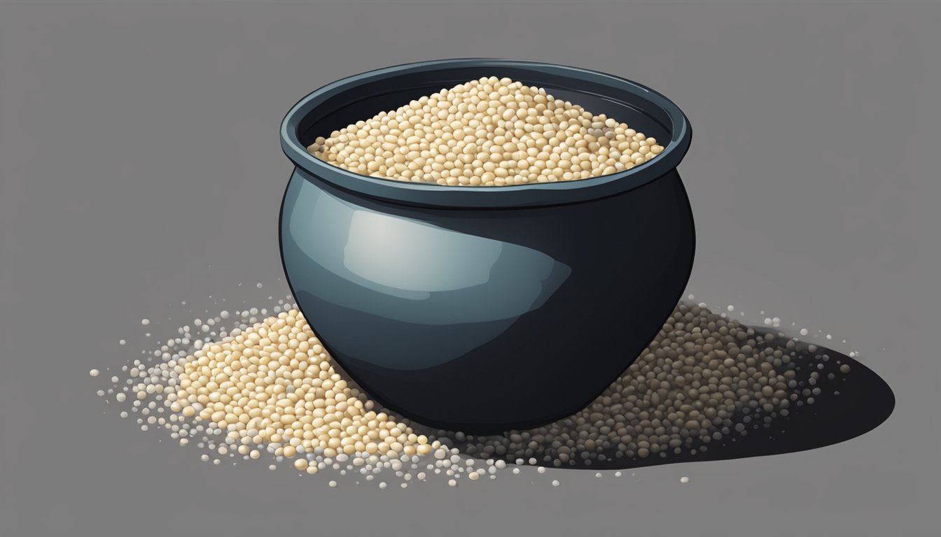 A ceramic crock filled with soybeans and koji, covered with a layer of salt, sitting in a dark, cool place for several months