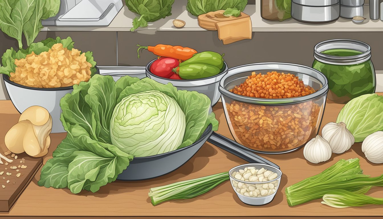 A kitchen counter with ingredients and utensils for making traditional napa cabbage kimchi, including cabbage, radish, garlic, ginger, and chili flakes