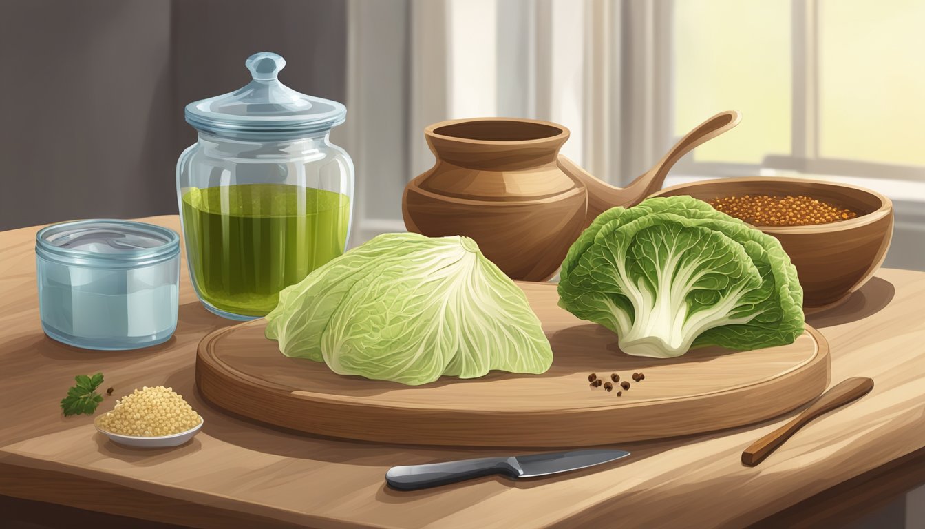 A wooden cutting board with a knife, a large glass jar filled with napa cabbage and various spices, a bowl of water, and a small dish of salt