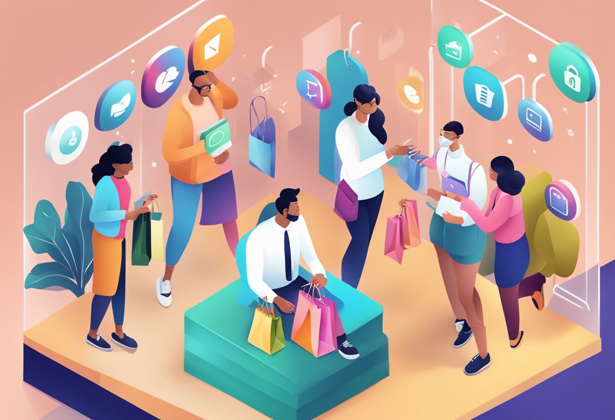 A group of diverse consumers engage in live social shopping, interacting with a brand's products and forming a sense of loyalty