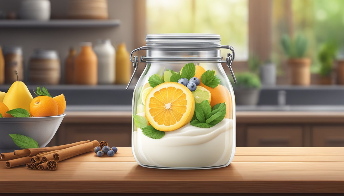 A clear glass jar filled with creamy lassi sits on a wooden table, surrounded by fresh fruits and spices. A small airlock releases bubbles as the fermentation process takes place