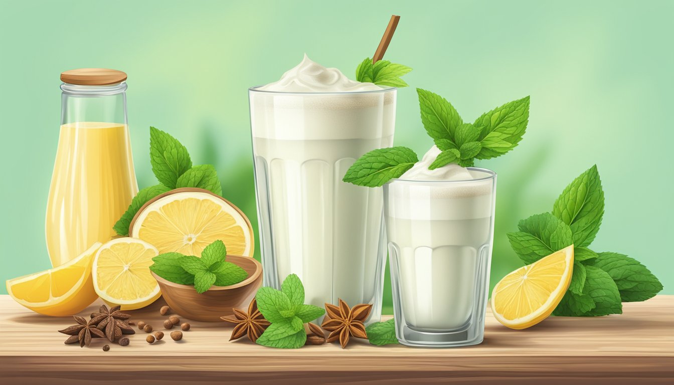 A glass of lassi sits on a wooden table, surrounded by a scattering of whole spices and a sprig of fresh mint