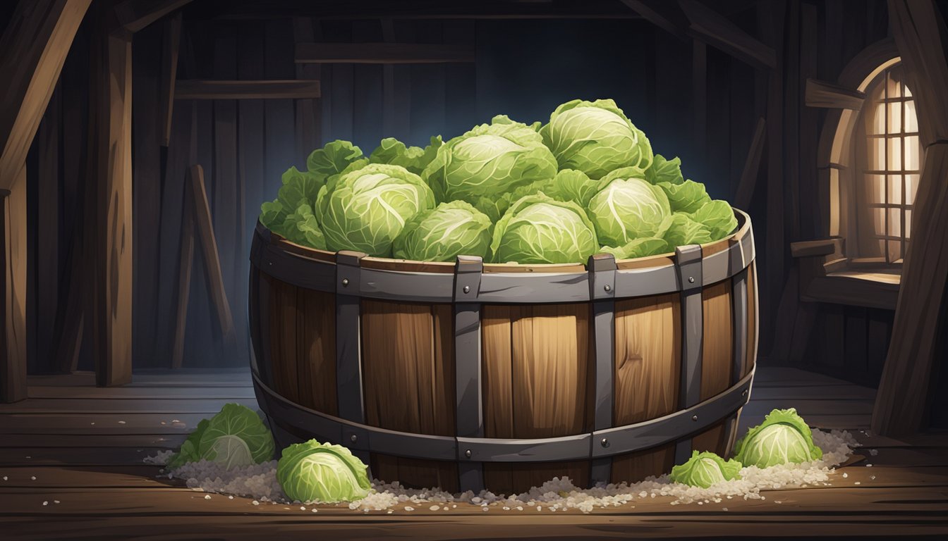 A wooden barrel filled with shredded cabbage and salt, covered with a cloth and weighted down, sits in a cool, dark cellar