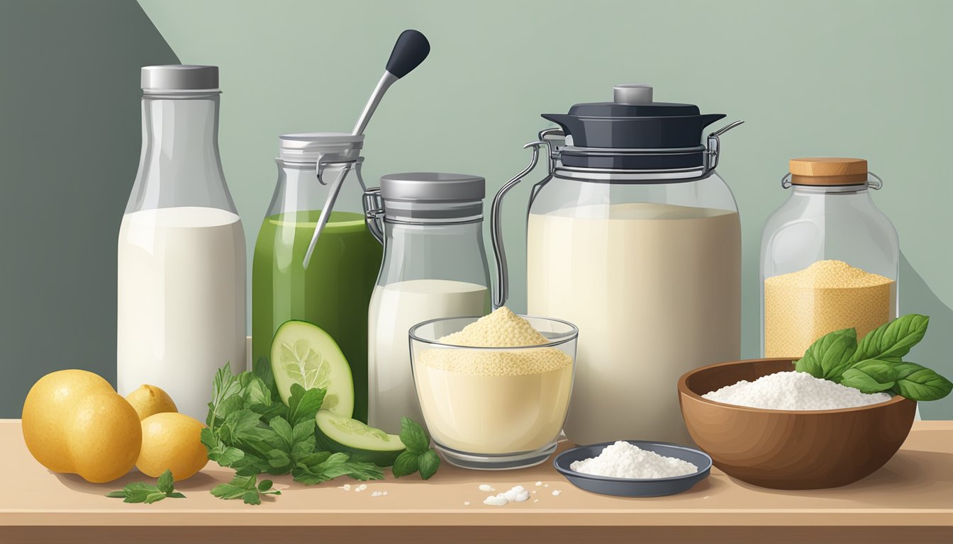 A variety of ingredients and tools for fermenting lassi, including dairy-free options, arranged on a kitchen counter