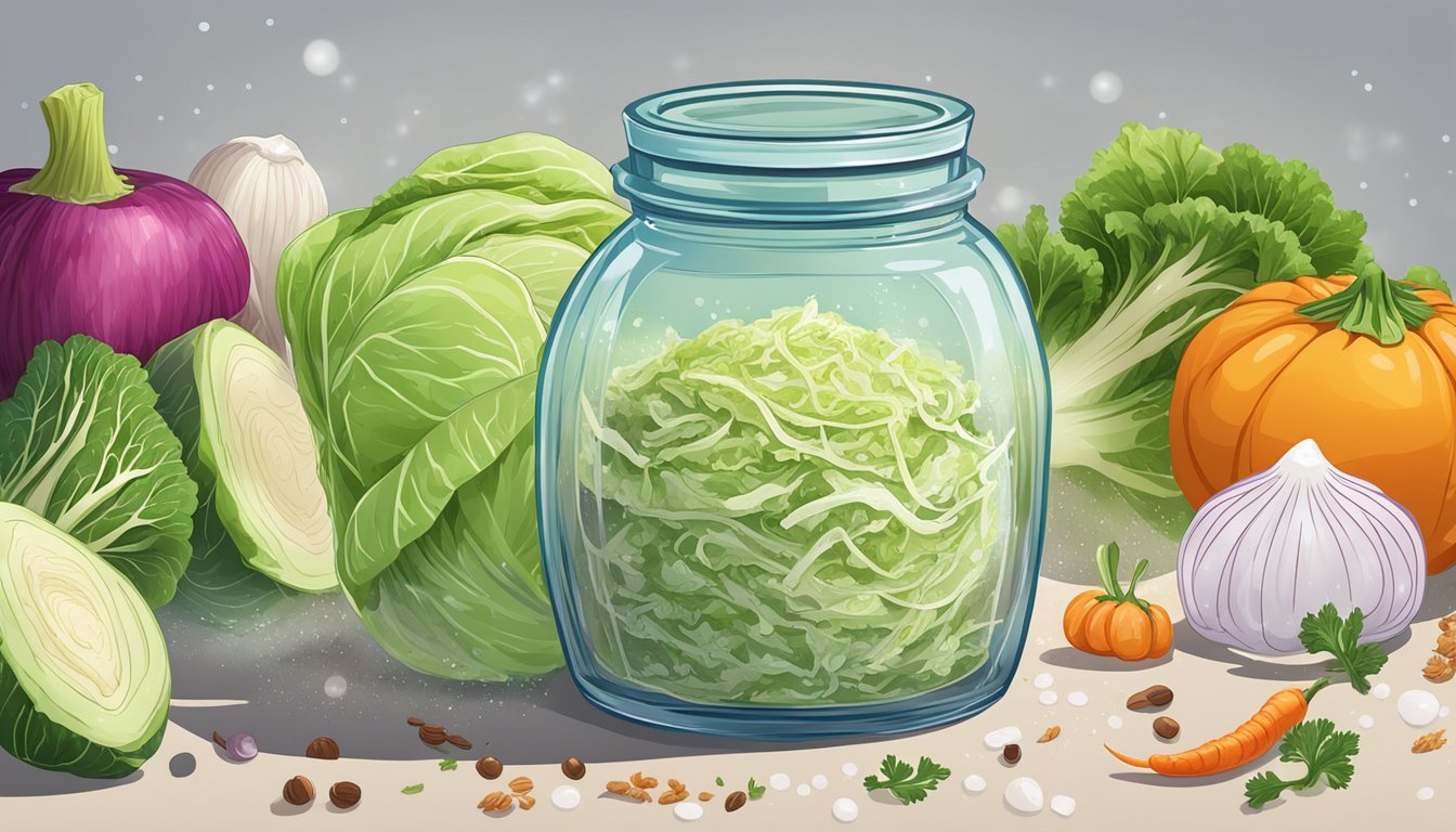 A glass jar filled with shredded cabbage and salt, surrounded by various vegetables and spices, with bubbles rising to the surface