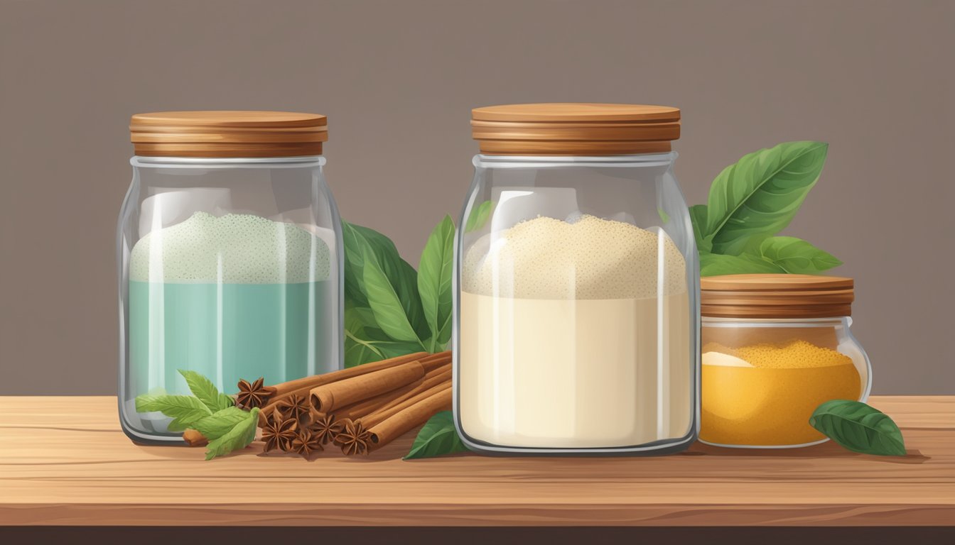 A glass jar filled with lassi sits on a wooden shelf, surrounded by various spices and ingredients. The jar is covered with a cloth secured by a rubber band