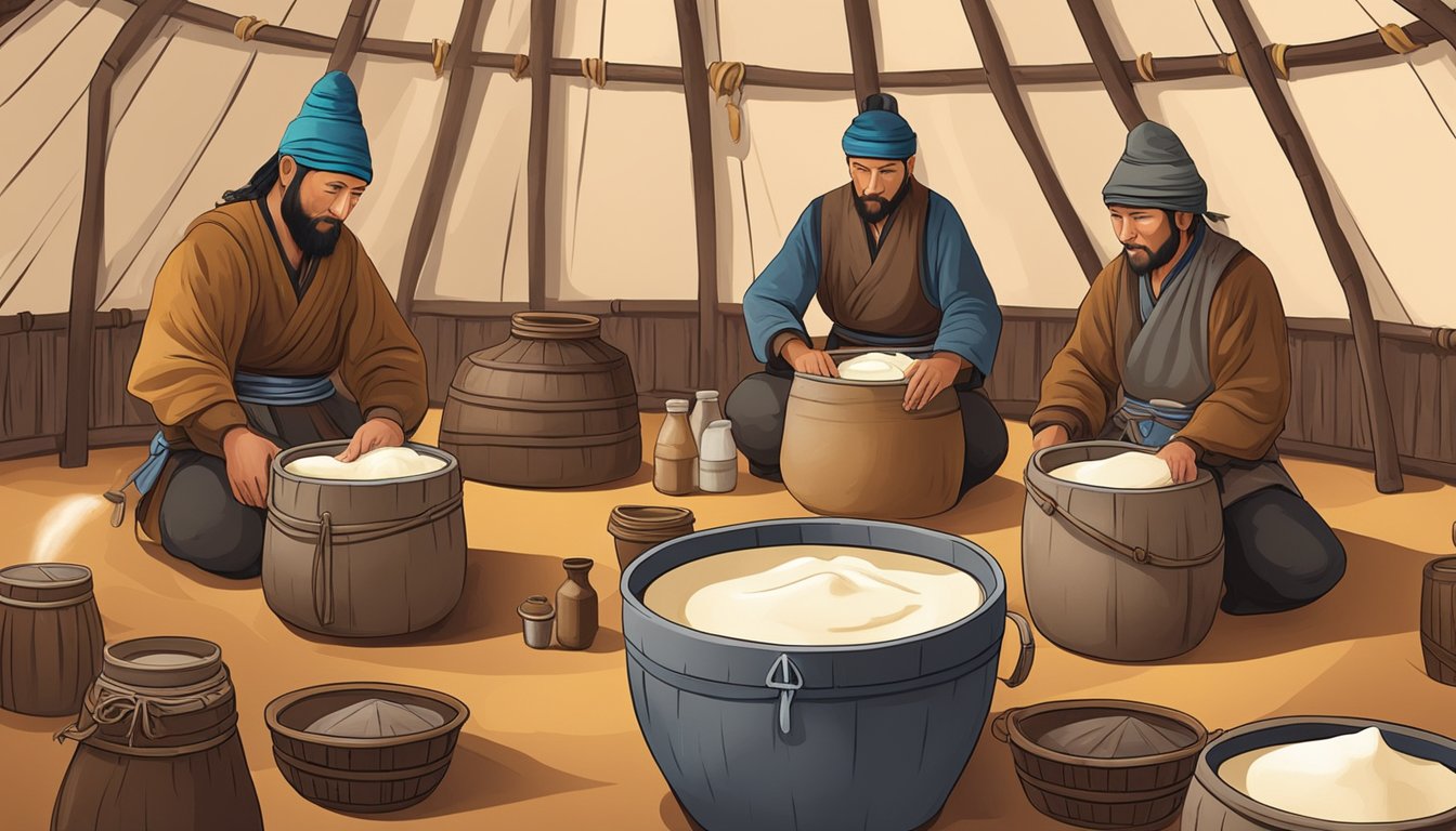 A group of nomads fermenting horse milk in traditional leather containers inside a yurt