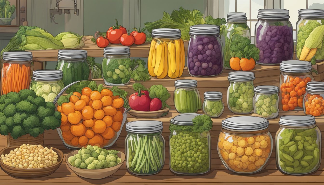 A table with 10 different Texan vegetables arranged in a colorful and appealing display, with jars and fermentation equipment nearby